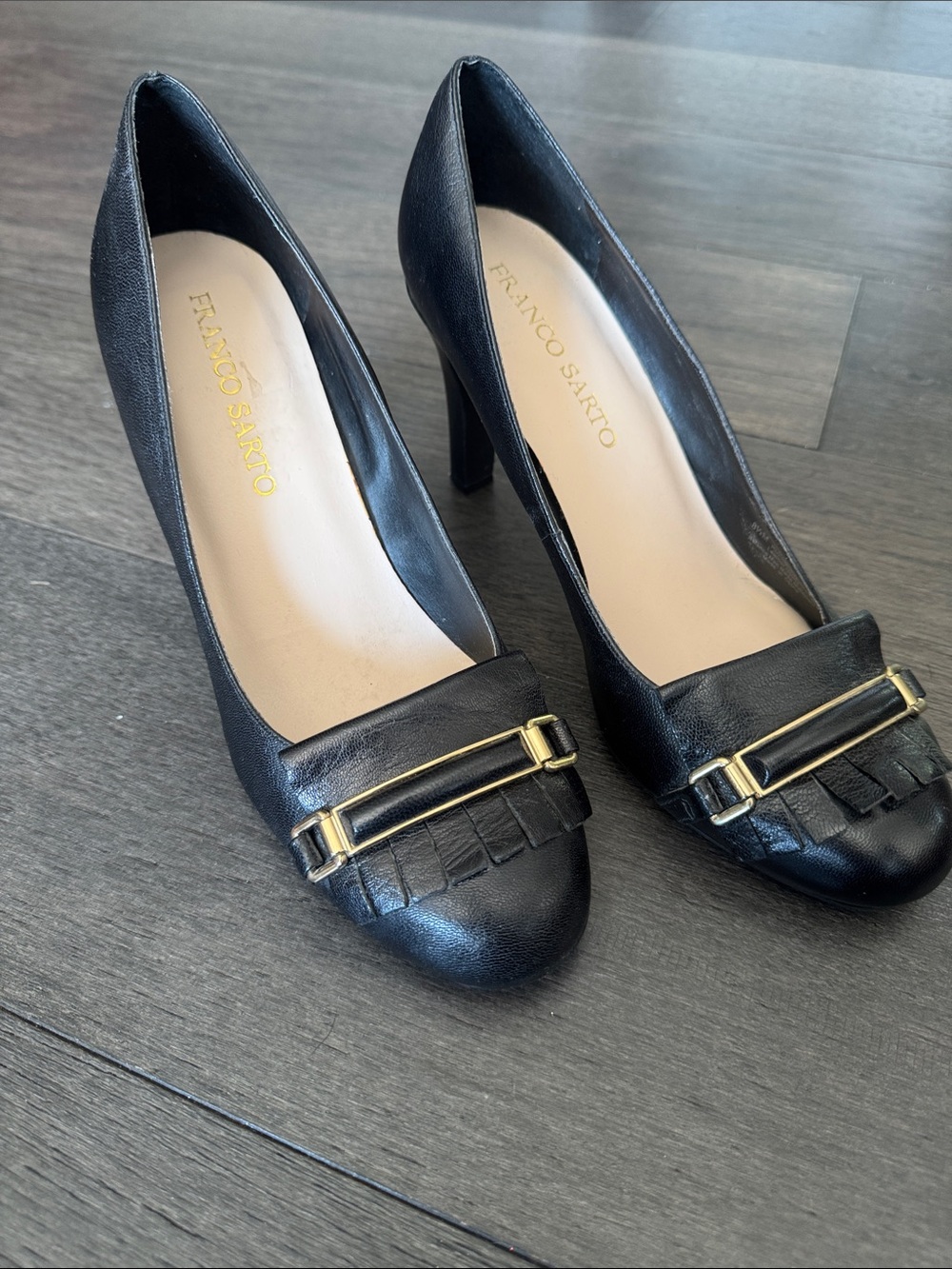 Franco Sarto Black Leather Fringe Pumps with Gold Bar